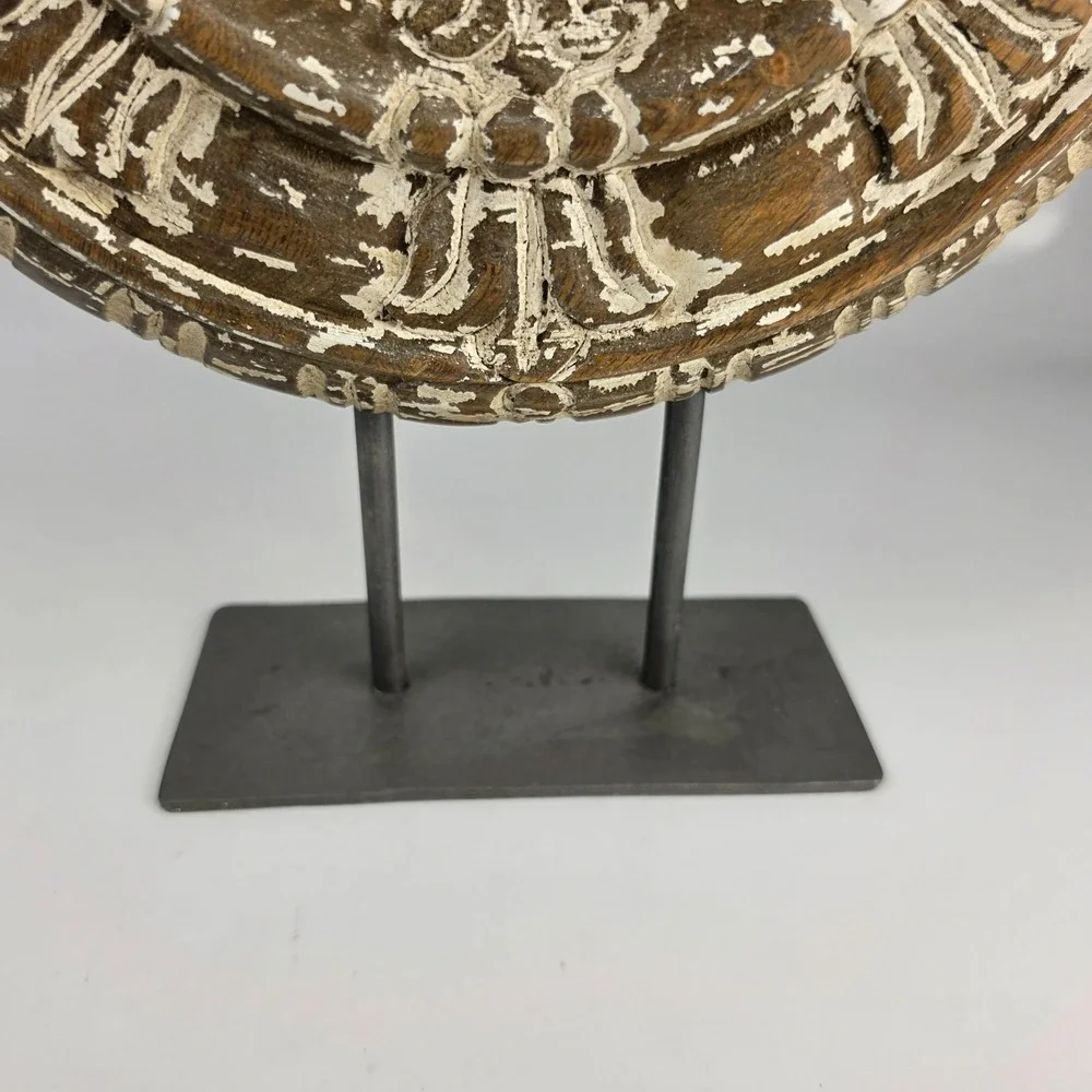 Pottery Barn Hand Carved Mango Wood Architectural Medallion Iron‎ Stand Retired
